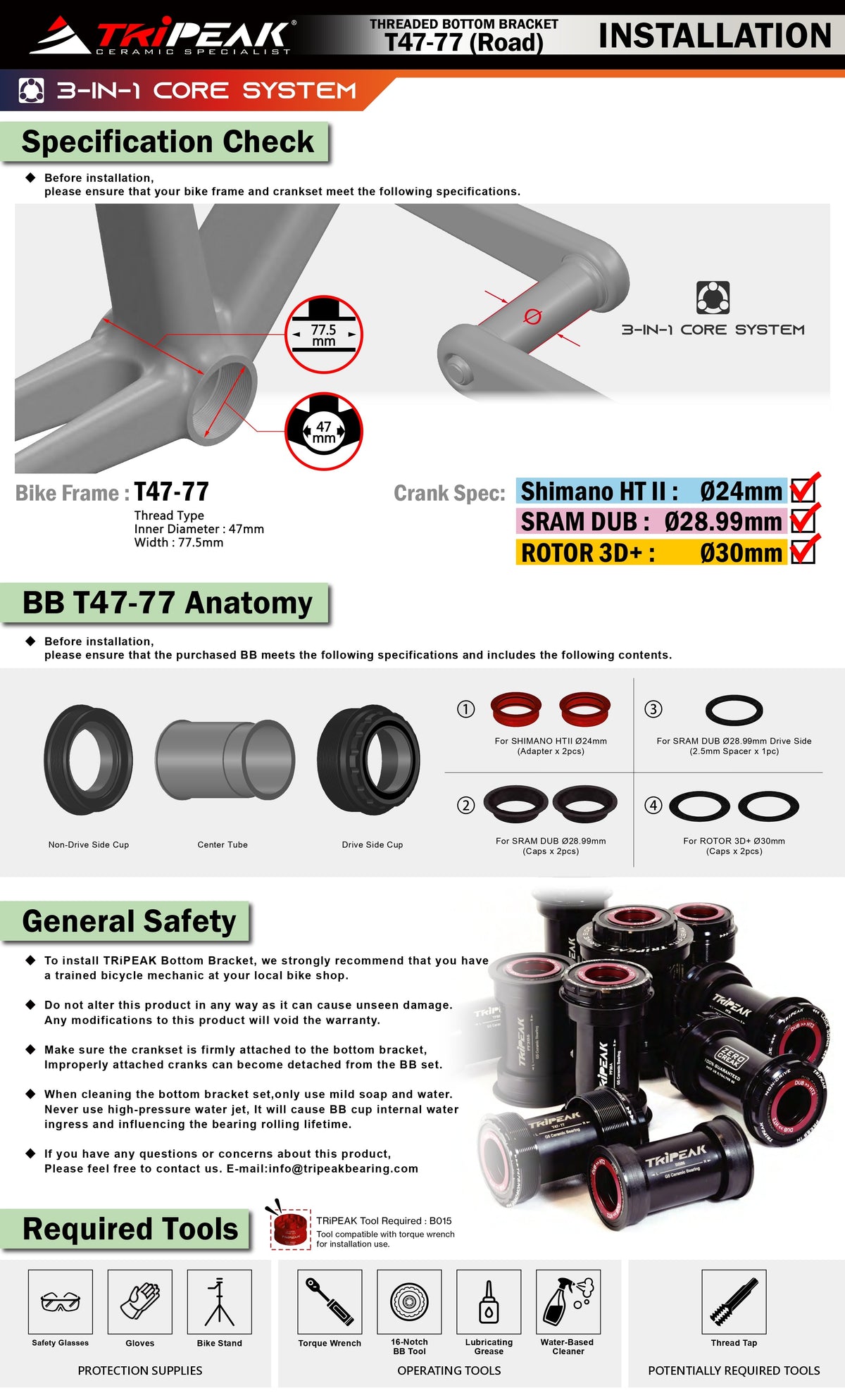 T47 77.5mm (Road) : 3-in-1 - Movimento centrale filettato