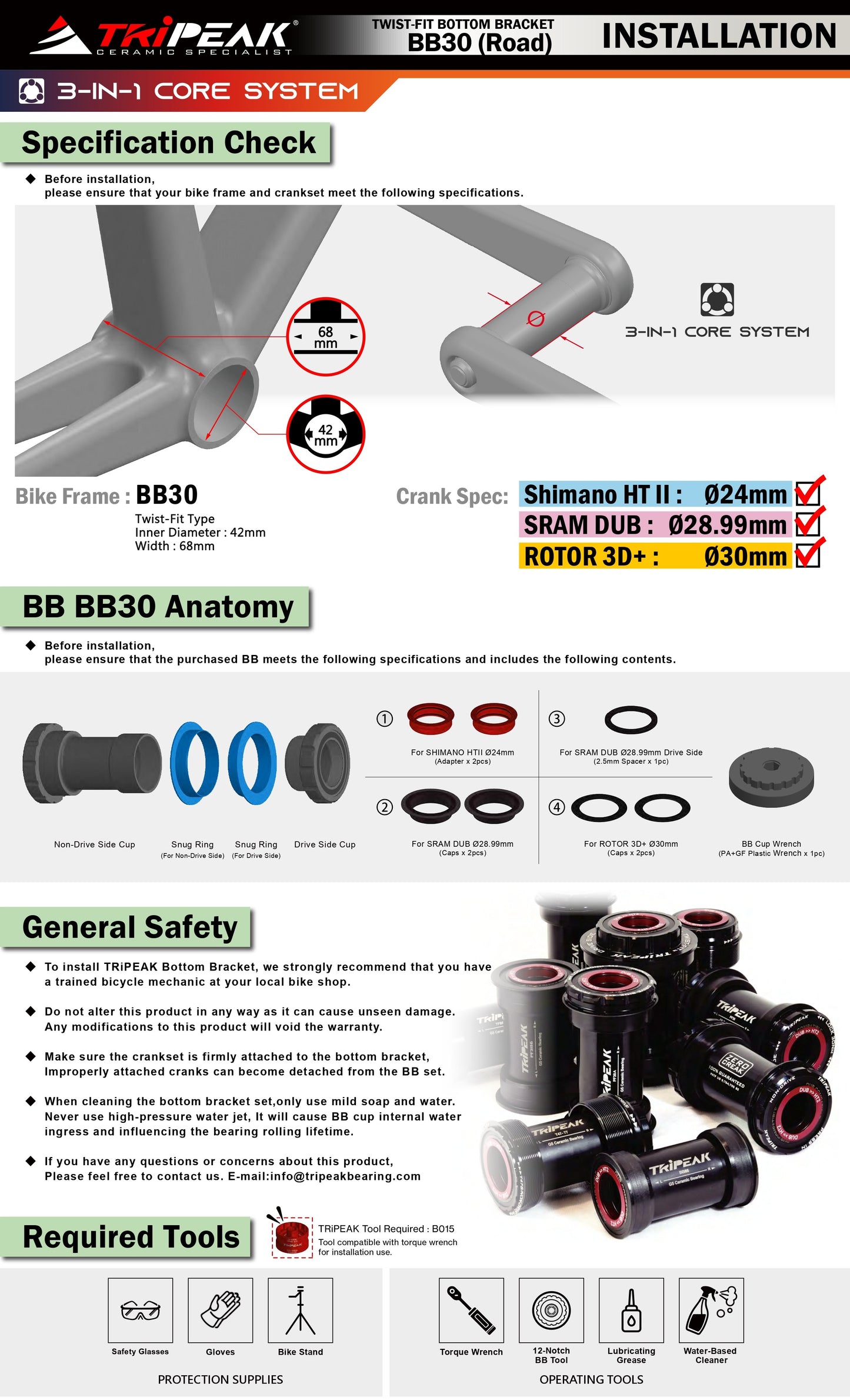 BB30 68mm (Road) : 3-in-1 Movimento centrale Press-Fit